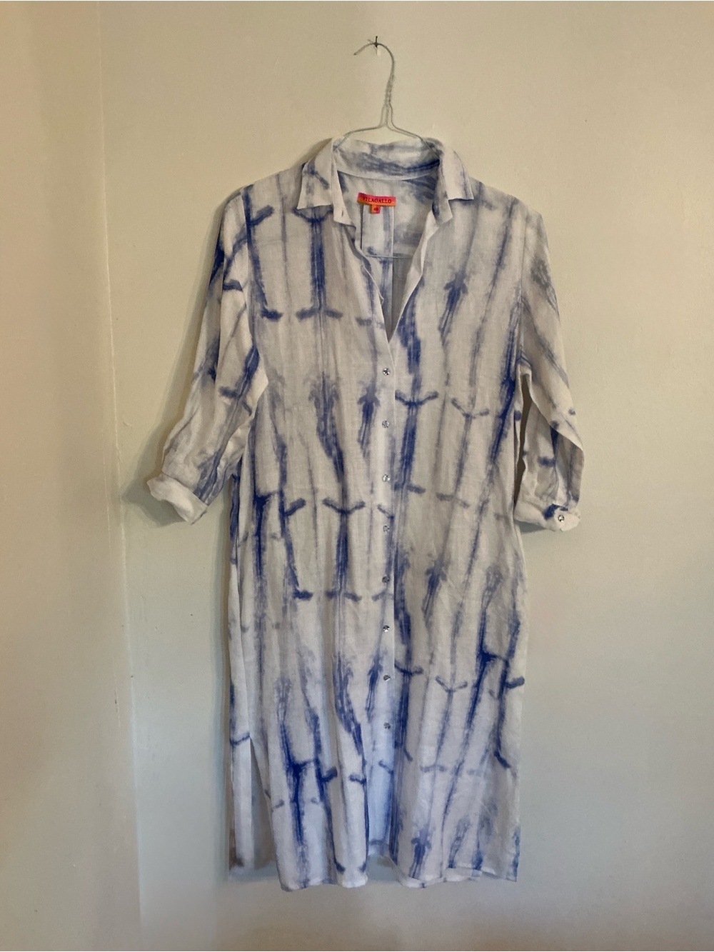 NWOT SIZE M VilaGallo Linen Button-Up Shirt dress in Blue/white